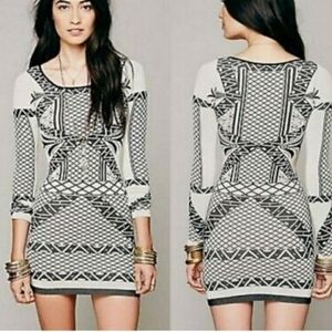 Free People Mini Dress Long Sleeve Geometric Print Black & Cream Bodycon Size M